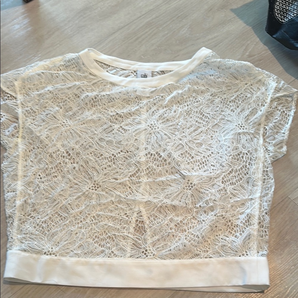 NWOT CAbi White Lace Short Sleeve Top